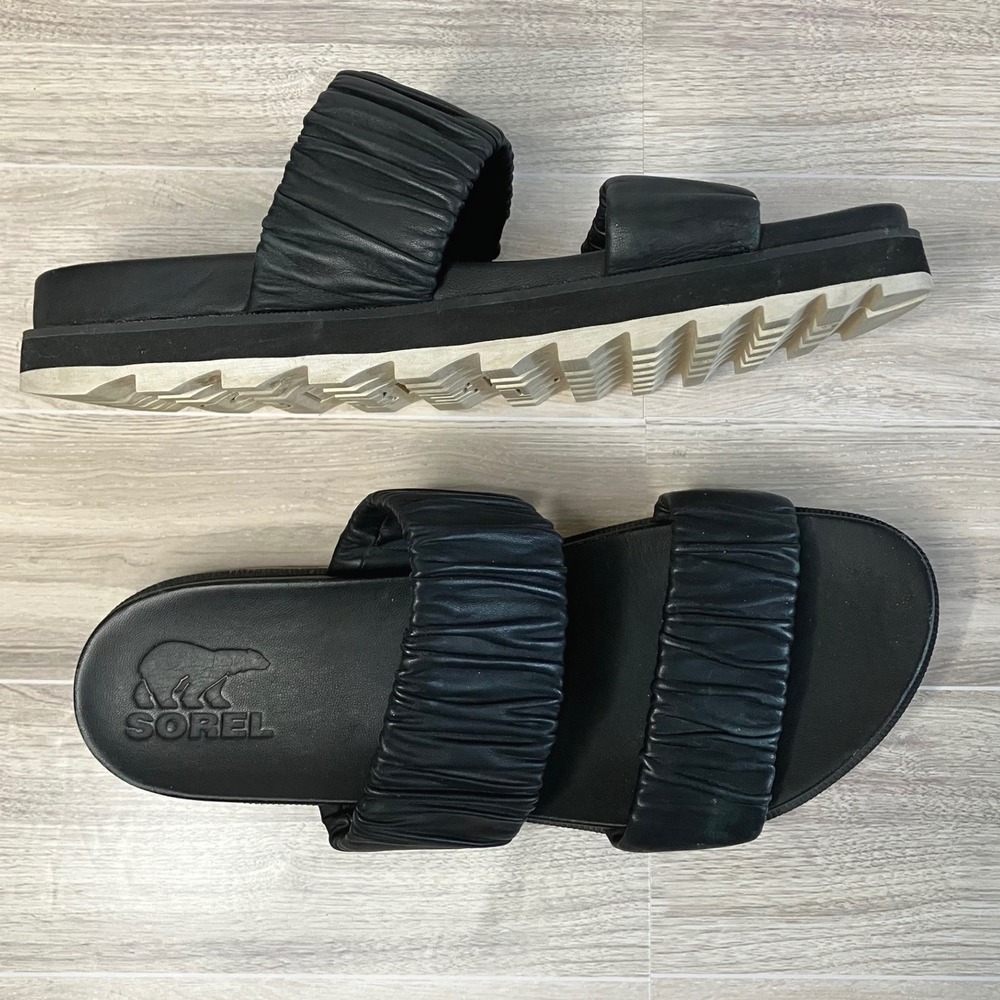 SOREL Roaming Ruched Slide Sandals Size 10 Leather Double Strap Vacation Black - Picture 2 of 11